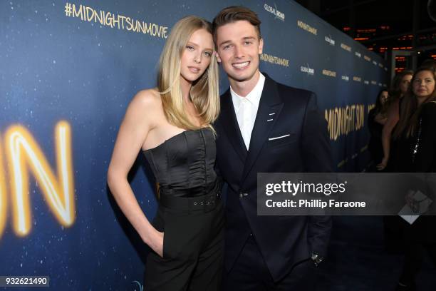 Abby Champion and Patrick Schwarzenegger attend Global Road Entertainment's world premiere of "Midnight Sun" at ArcLight Hollywood on March 15, 2018...