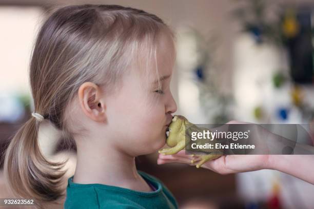 girl (4-5) kissing a toy rubber frog - frog prince stock pictures, royalty-free photos & images