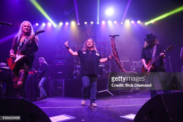Lynyrd Skynyrd members Rickey Medlocke, Johnny Van Zant, and Gary Rossington perform at SiriusXM Presents Lynyrd Skynyrd Live at Buckhead Theatre in...