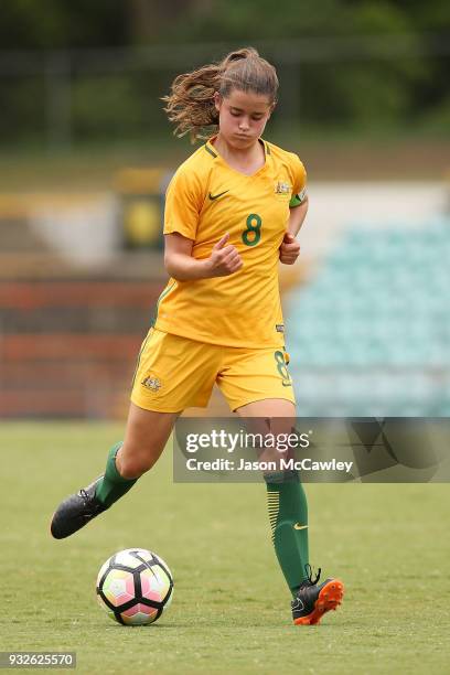 Rachel Lowe of Australia controls the ball during the International match between the Young Matildas and Thailand at Leichhardt Oval on March 16,...