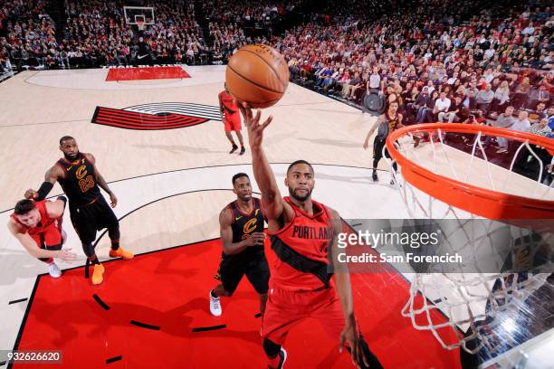 Maurice Harkless of the Portland Trail Blazers shoots the ball during the game against the Cleveland Cavaliers on March 15, 2018 at the Moda Center...