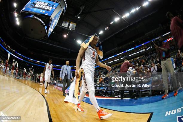 Justin Robinson of the Virginia Tech Hokies reacts after being defeated by the Alabama Crimson Tide in the game in the first round of the 2018 NCAA...