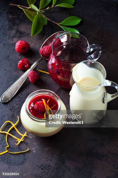 glass of pudding with vanilla sauce and raspberry sauce garnished with raspberry and orange zest - raspberry coulis stock pictures, royalty-free photos & images