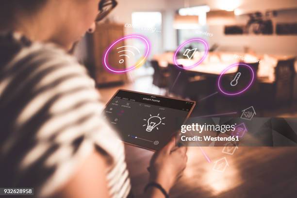 woman sitting at home, using digital tablet to remote-control his smart home - home technology stock-fotos und bilder