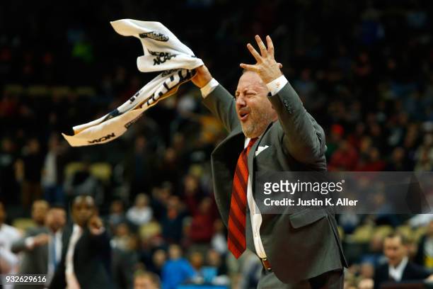 Head coach Buzz Williams of the Virginia Tech Hokies reacts to Justin Robinson foul on Collin Sexton of the Alabama Crimson Tide late in the second...