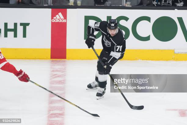 Los Angeles Kings left wing Tanner Pearson looks to pass the puck during the game between the Detroit Red Wings and the Los Angeles Kings on March 15...
