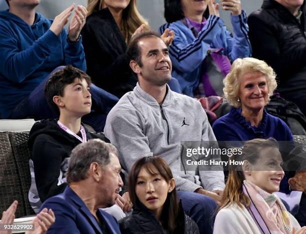 Pete Sampras in attendance for the match between Roger Federer of Switzerland and Hyeon Chung of South Korea during the BNP Paribas Open at the...