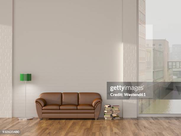 floor lamp and sofa in room with books andview on hamburg speicherstadt, 3d rendering - simple living stock illustrations