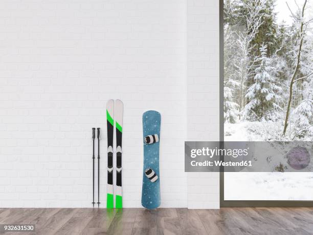skis and snowboard at a wall with view to winter landscape, 3d rendering - skiing stock illustrations