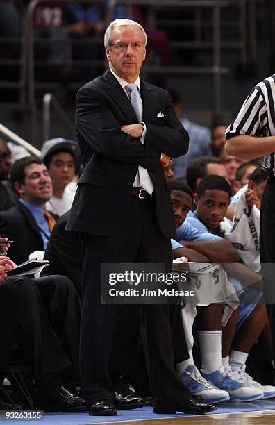 Head coach Roy Williams of the North Carolina Tar Heels looks on against the Ohio State Buckeyes during their semifinal game of the 2K Sports Classic...