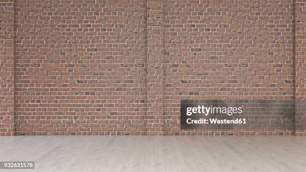 ilustraciones, imágenes clip art, dibujos animados e iconos de stock de empty room with brick wall and wooden floor, 3d rendering - loft vacio