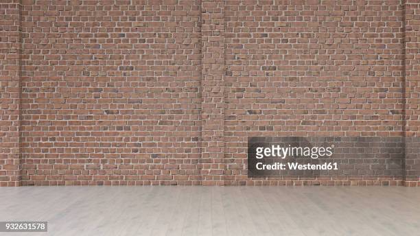 empty room with brick wall and wooden floor, 3d rendering - indoors stock illustrations