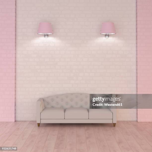 couch under pink wall lamps, 3d rendering - spiritual enlightenment stock illustrations