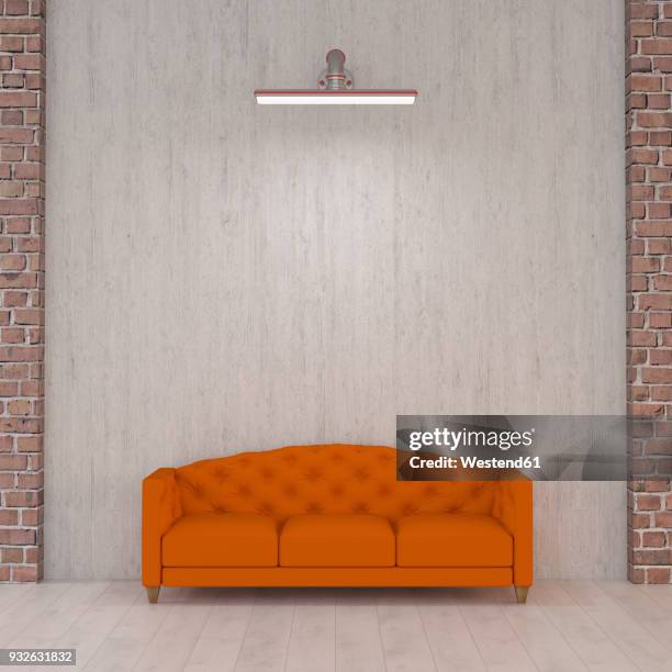 ilustraciones, imágenes clip art, dibujos animados e iconos de stock de orange couch under wall lamp, 3d rendering - sillón