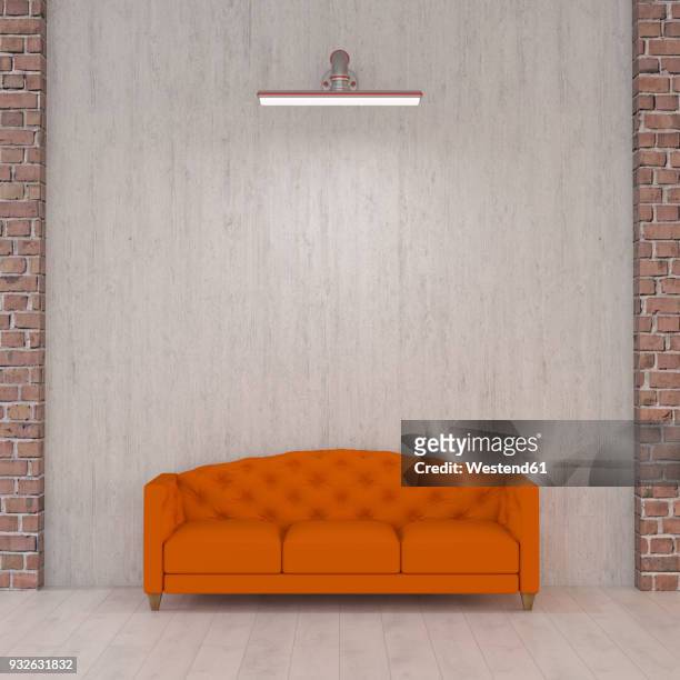 illustrations, cliparts, dessins animés et icônes de orange couch under wall lamp, 3d rendering - divano