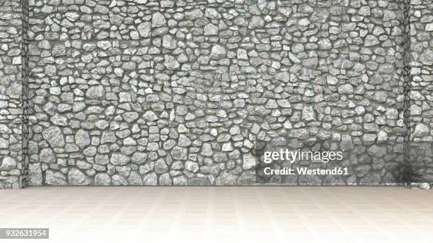 ilustraciones, imágenes clip art, dibujos animados e iconos de stock de empty room with stone wall and wooden floor, 3d rendering - pared de piedra