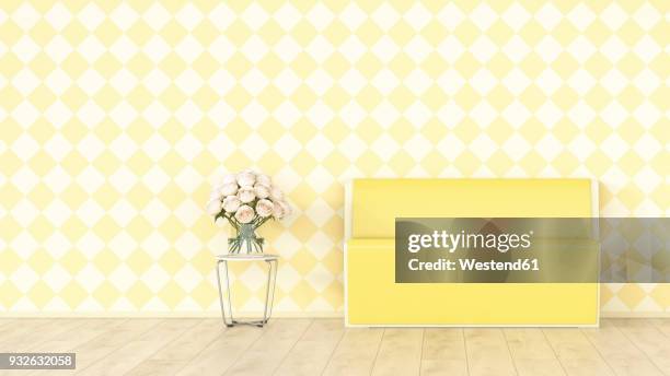 yellow bench and bunch of flowers in front of checkered pattern wallpaper, 3d rendering - side table stock illustrations