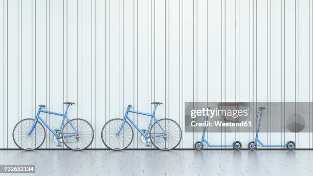 bicycles and scooters leaning against a wall, 3d rendering - empty corridor stock illustrations