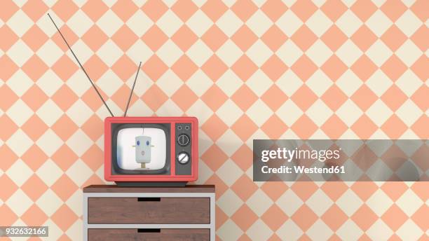 female anchorwoman on chest of drawers in retro tv, 3d rendering - digital home stock illustrations