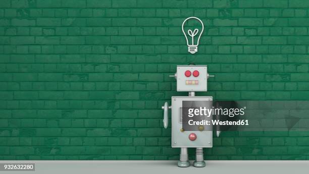 robot under light bulb painted on brick wall, 3d rendering - awareness and vision stock-grafiken, -clipart, -cartoons und -symbole