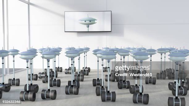 group of robots in a room looking at screen with robot, 3d rendering - expertise stock illustrations