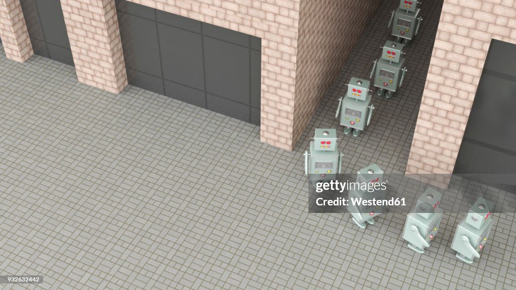 Group of robots walking through passageway in a row, 3d rendering