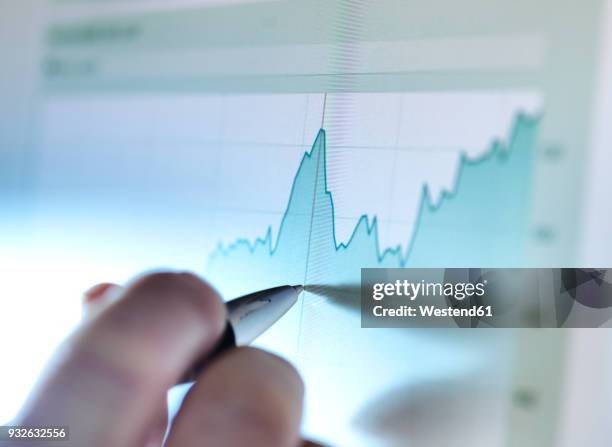 hand of a stock broker analysing line graph on computer screen - financial graph bildbanksfoton och bilder