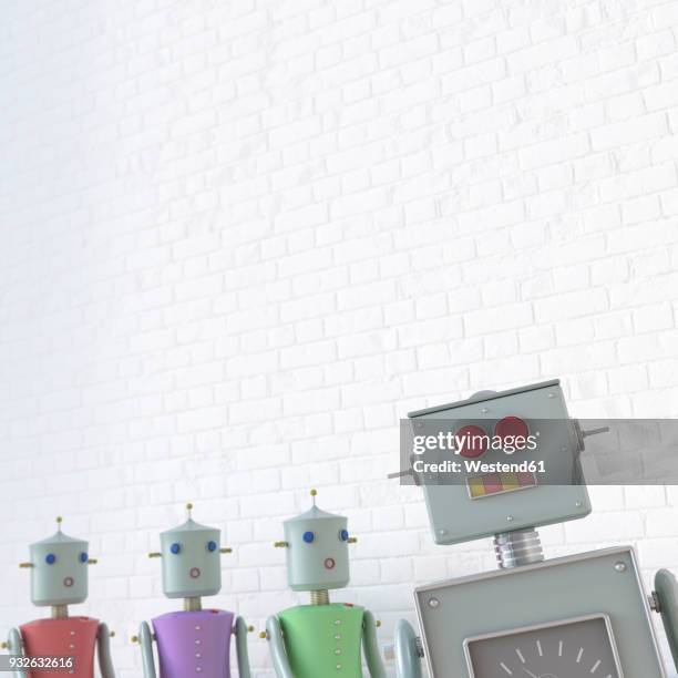 female robots looking at male robot, 3d rendering - brick wall interior stock illustrations
