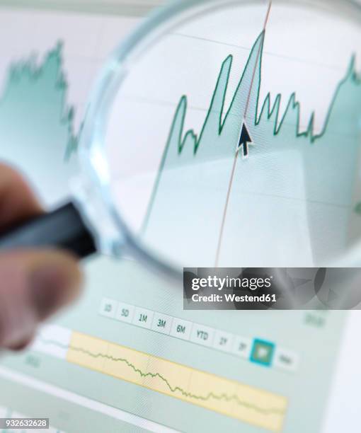 investor analysing line graph on computer screen with magnifying glass - assessment graph stock-fotos und bilder