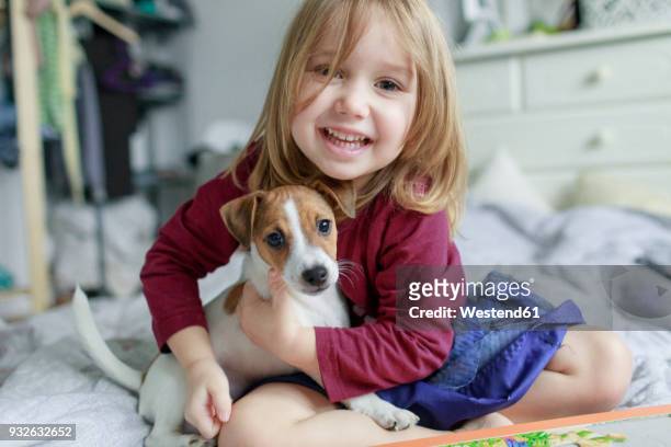 portrait of happy little girl crouching on bed with jack russel terrier puppy - cute girl toddler imagens e fotografias de stock