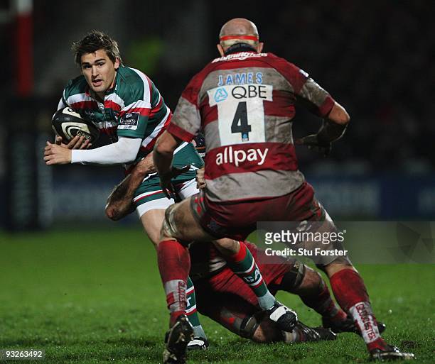 Fly half Toby Flood of Leicester runs at the Gloucester defence during the Guinness Premiership match between Gloucester and Leicester Tigers at...