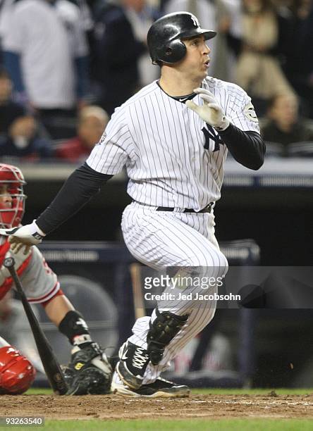 Mark Teixeira of the New York Yankees bats against the Philadelphia Phillies in Game Six of the 2009 MLB World Series at Yankee Stadium on November...