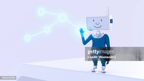 robot pushing shining button, 3d rendering - anthropomorphic face stock illustrations