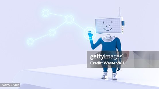 Robot pushing shining button, 3d rendering Robot pushing shining button, 3d rendering