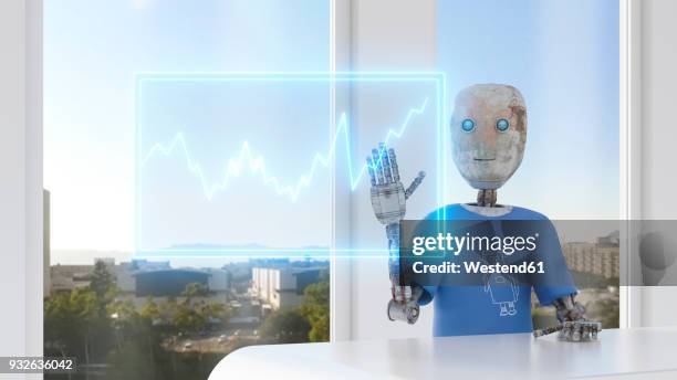 robot using digital tocuscreen with graph, 3d rendering - transparent screen stock illustrations