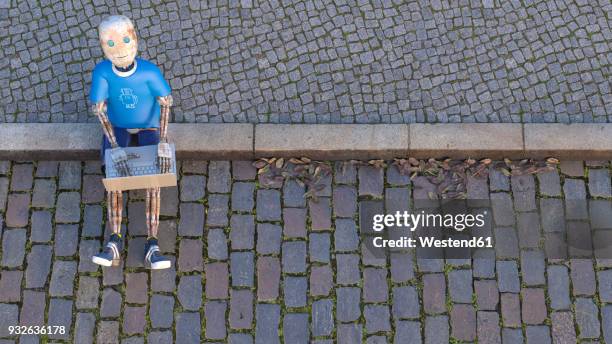 robot sitting on curb using laptop, 3d rendering - road side view stock illustrations