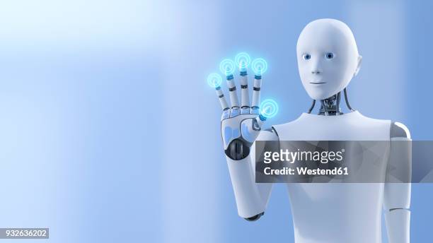robot pushing shining buttons, 3d rendering - maschinen stock-grafiken, -clipart, -cartoons und -symbole