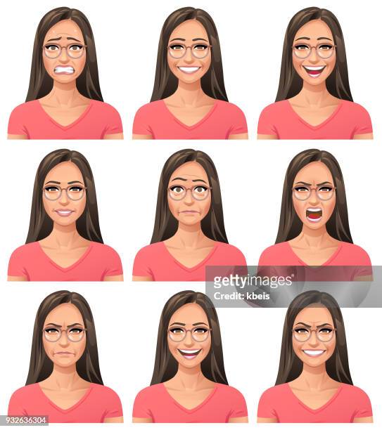 junge frau mit brille - facial expressions - one young woman only stock-grafiken, -clipart, -cartoons und -symbole