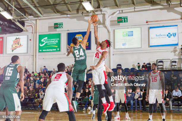 Opening tip between Devin Williams of the Maine Red Claws and Joel Bolomboy of the Wisconsin Herd on March 15, 2018 at the Portland Expo in Portland,...