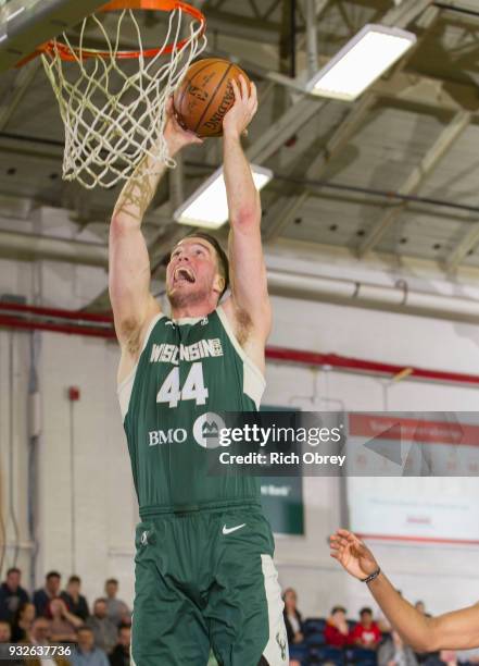 Marshall Plumlee of the Wisconsin Herd dunks against the Maine Red Claws on March 15, 2018 at the Portland Expo in Portland, Maine. NOTE TO USER:...