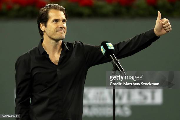 Tommy Haas announces his retirement at a ceremony after the Roger Federer quarterfnal match against Hyeon Chung during of the BNP Paribas Open at the...