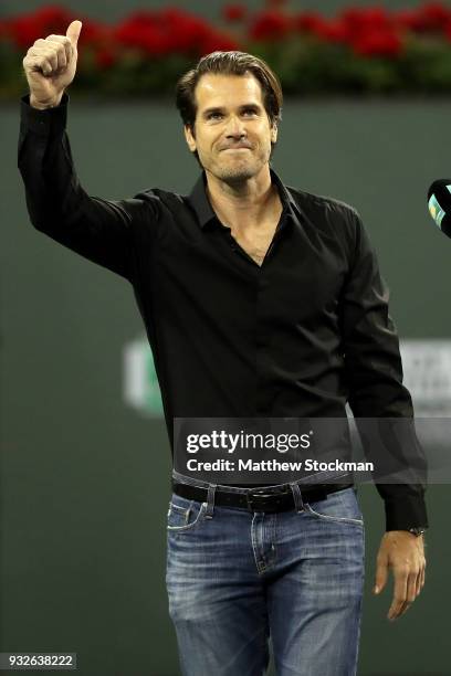 Tommy Haas announces his retirement at a ceremony after the Roger Federer quarterfnal match against Hyeon Chung during of the BNP Paribas Open at the...