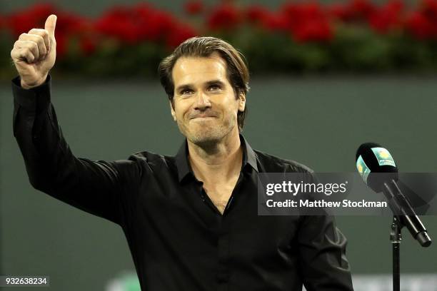 Tommy Haas announces his retirement at a ceremony after the Roger Federer quarterfnal match against Hyeon Chung during of the BNP Paribas Open at the...