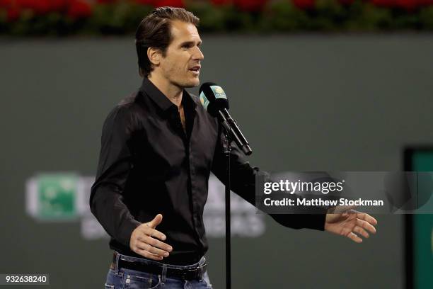 Tommy Haas announces his retirement at a ceremony after the Roger Federer quarterfnal match against Hyeon Chung during of the BNP Paribas Open at the...