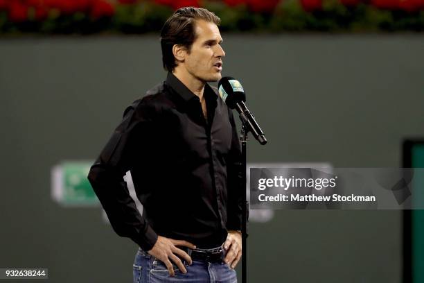 Tommy Haas announces his retirement at a ceremony after the Roger Federer quarterfnal match against Hyeon Chung during of the BNP Paribas Open at the...