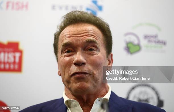 Arnold Schwarzenegger speaks during a press conference at The Melbourne Convention and Exhibition Centre on March 16, 2018 in Melbourne, Australia.