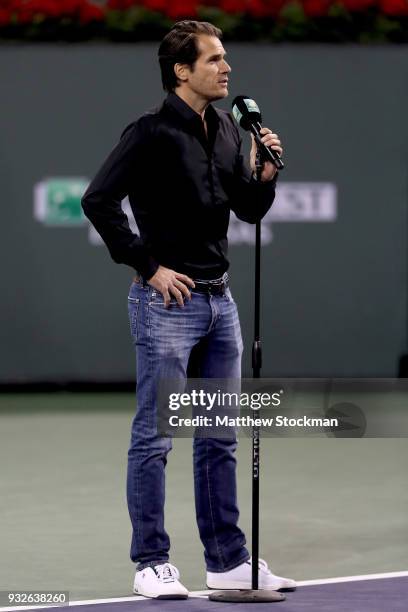 Tommy Haas announces his retirement at a ceremony after the Roger Federer quarterfnal match against Hyeon Chung during of the BNP Paribas Open at the...