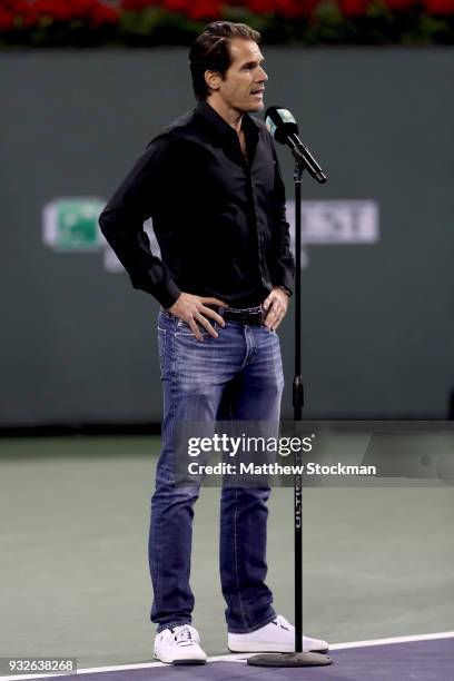 Tommy Haas announces his retirement at a ceremony after the Roger Federer quarterfnal match against Hyeon Chung during of the BNP Paribas Open at the...