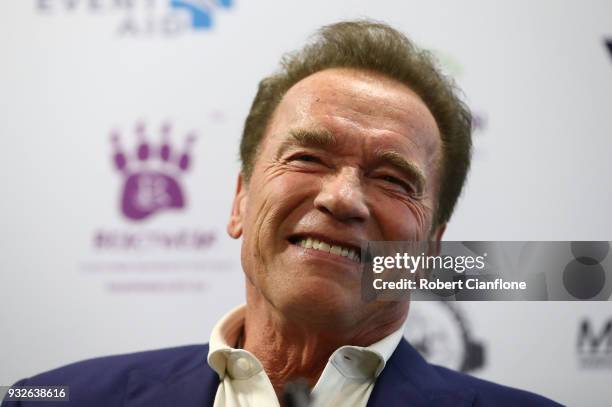 Arnold Schwarzenegger speaks during a press conference at The Melbourne Convention and Exhibition Centre on March 16, 2018 in Melbourne, Australia.