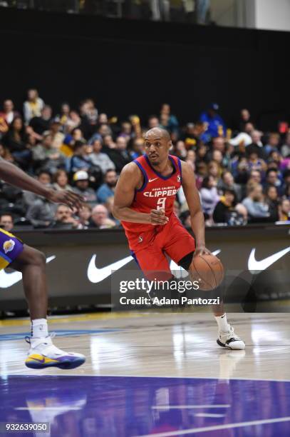 Williams of the Agua Caliente Clippers handles the ball during the game against the South Bay Lakers during an NBA G-League game on March 15, 2018 at...